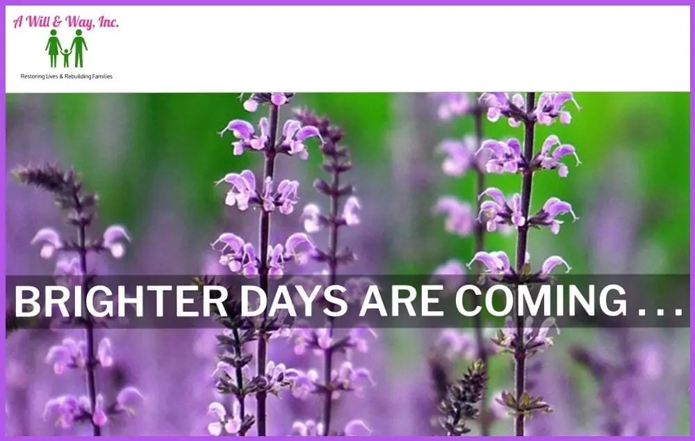 purple flowers "brighter days are coming" with A will And Way Logo