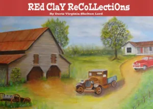 website header for Red Clay Recollections - original painting of barn, house and old car and truck