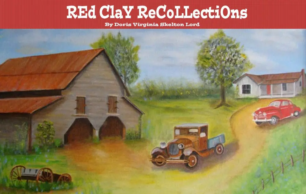 website header for Red Clay Recollections - original painting of barn, house and old car and truck